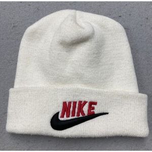 VTG 80s Nike Beanie Large Swoosh Spell Out White Color Winter Hat Embroidered